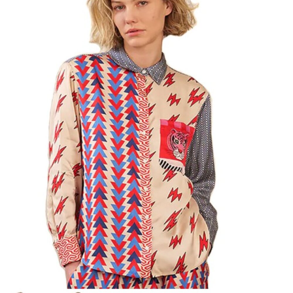 ME369 Scarlett Folk Pop Print Button Down Blouse NWT Size S